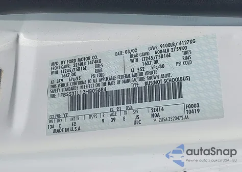 2002 Ford E-350 Super Duty Xl/Xlt z USA, uszkodzony, nr VIN 1FBSS31L12HB05684